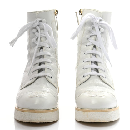 Chanel Shiny Crumpled Lambskin Lace Up Combat Boots 37 White 2 of 11