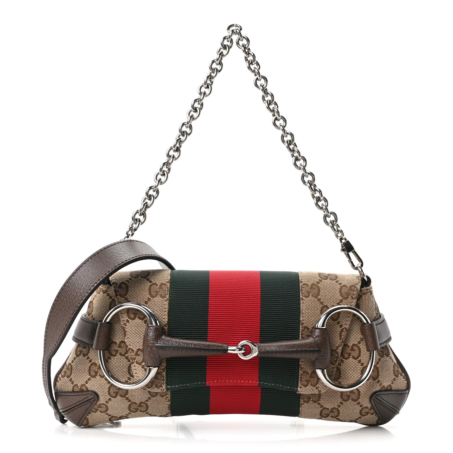 Gucci Monogram Textured Dollar Calfskin Heavy Grosgrain Web Small Maxi Horsebit Chain Shoulder Bag Beige Ebony New Acero 1 of 9