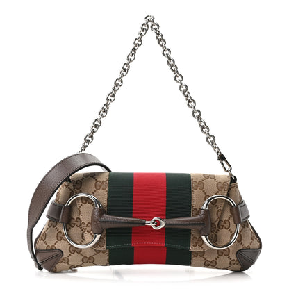 Gucci Monogram Textured Dollar Calfskin Heavy Grosgrain Web Small Maxi Horsebit Chain Shoulder Bag Beige Ebony New Acero 1 of 9