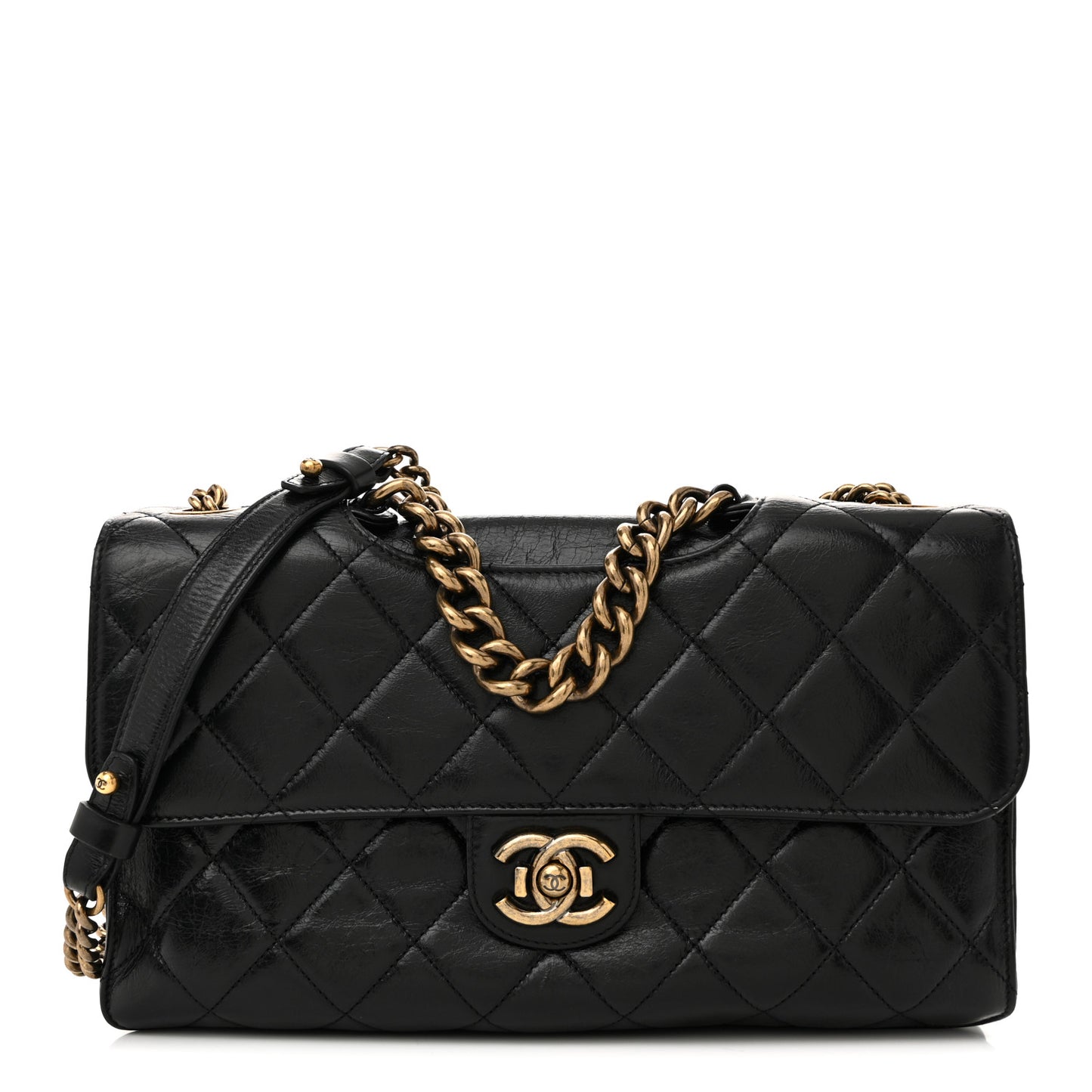 Glazed Calfskin Quilted Large Perfect Edge Flap Black