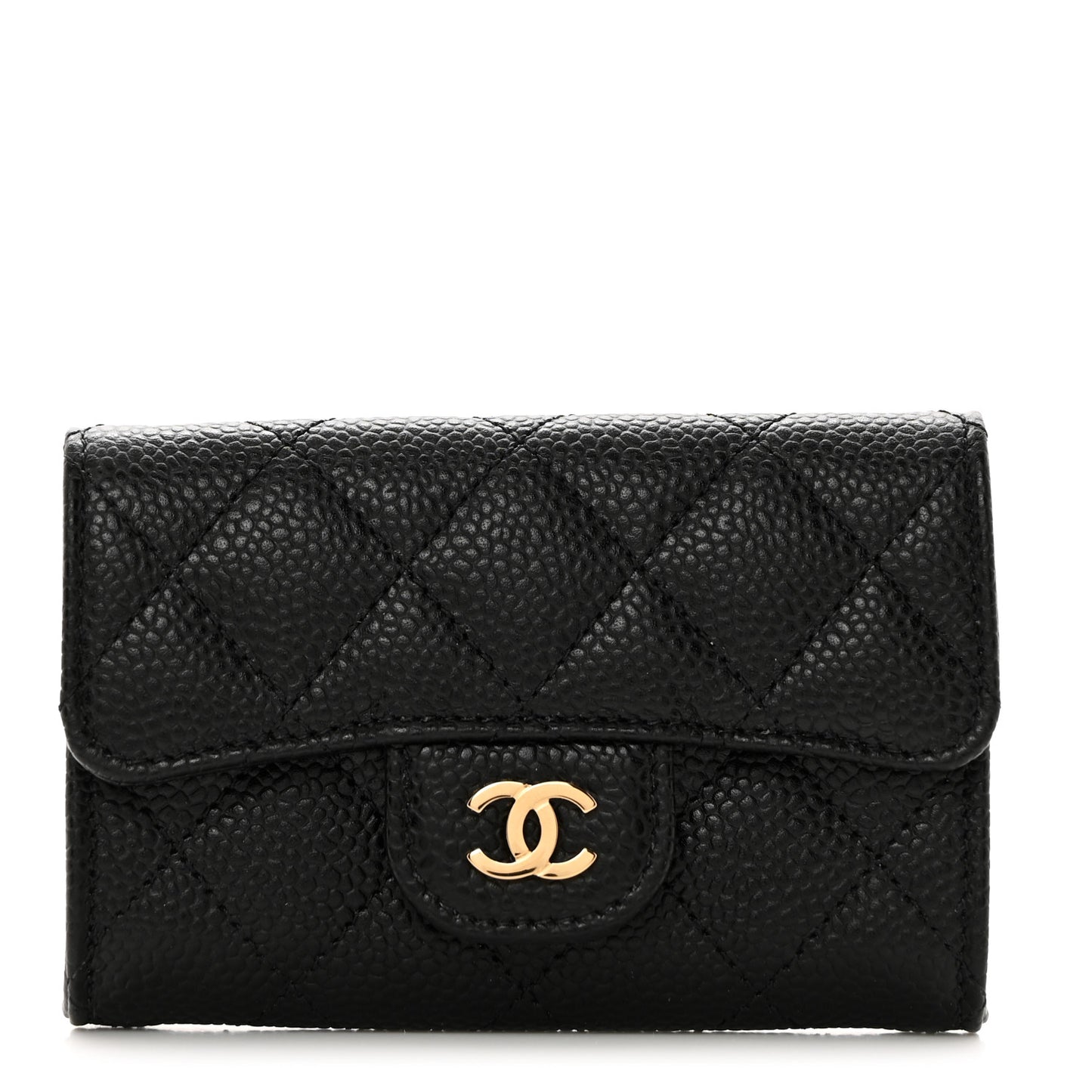 Caviar Quilted Flap Card Holder Wallet Black