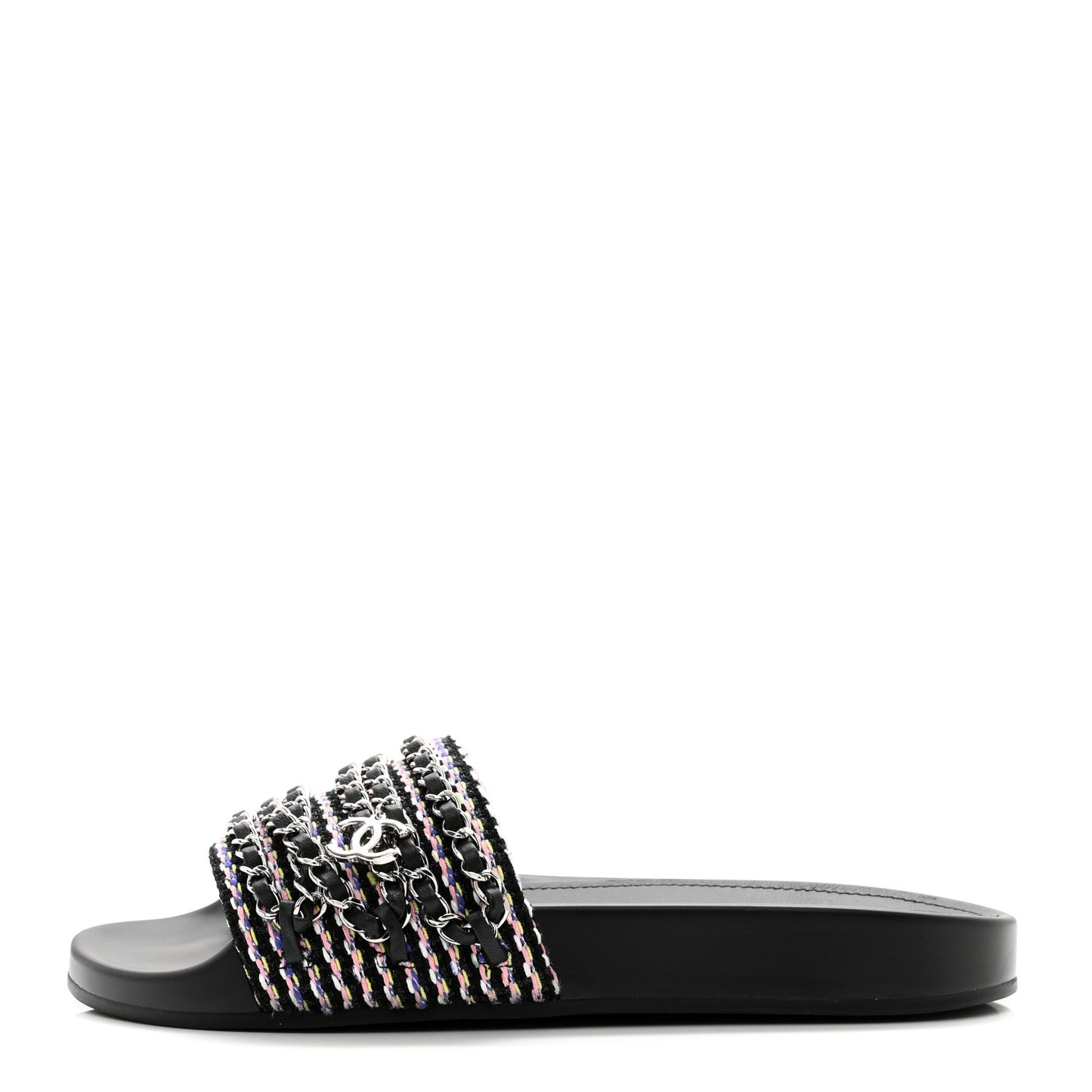 Tweed Lambskin Chain Flat Sandals 38 Black Multicolor