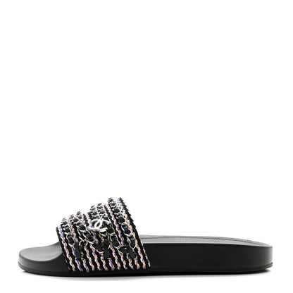 Chanel Tweed Lambskin Chain Flat Sandals 38 Black Multicolor 1 of 9