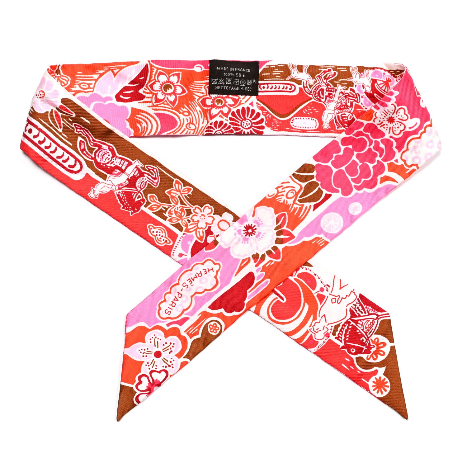 Hermes Silk Bingata Twilly Fuchsia Corail Brun 1 of 4