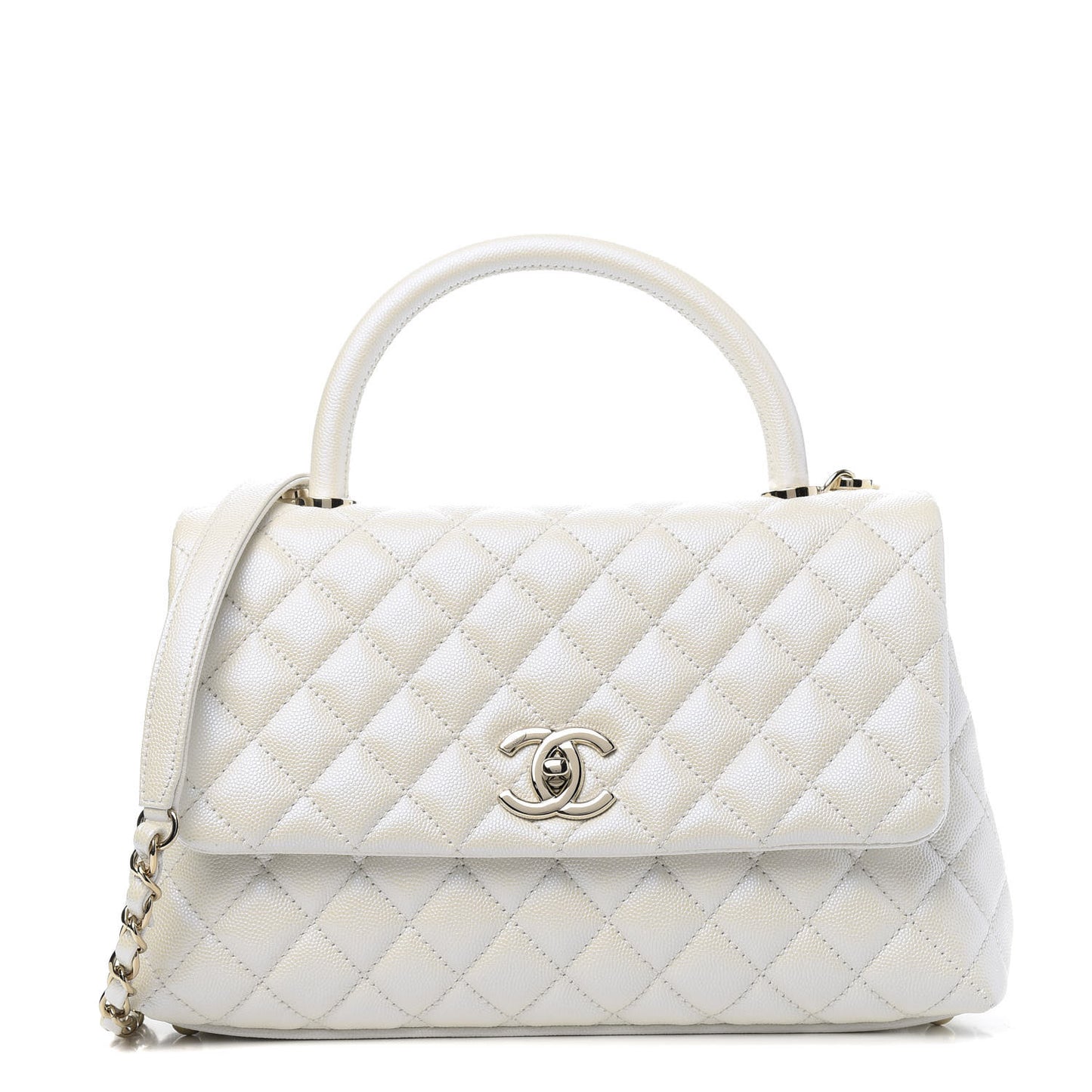 Iridescent Caviar Quilted Small Coco Handle Flap White