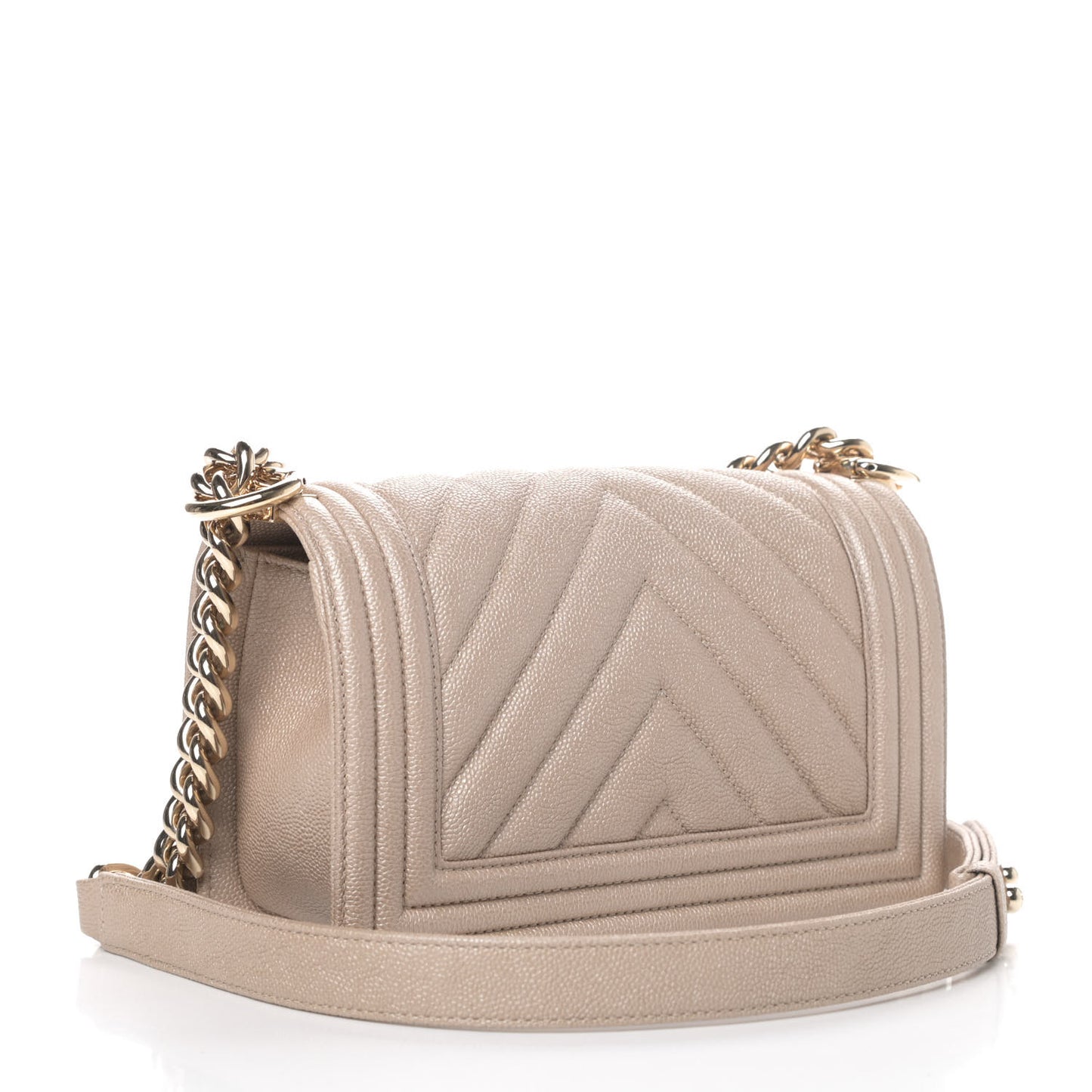 Iridescent Caviar Chevron Quilted Small Boy Flap Beige