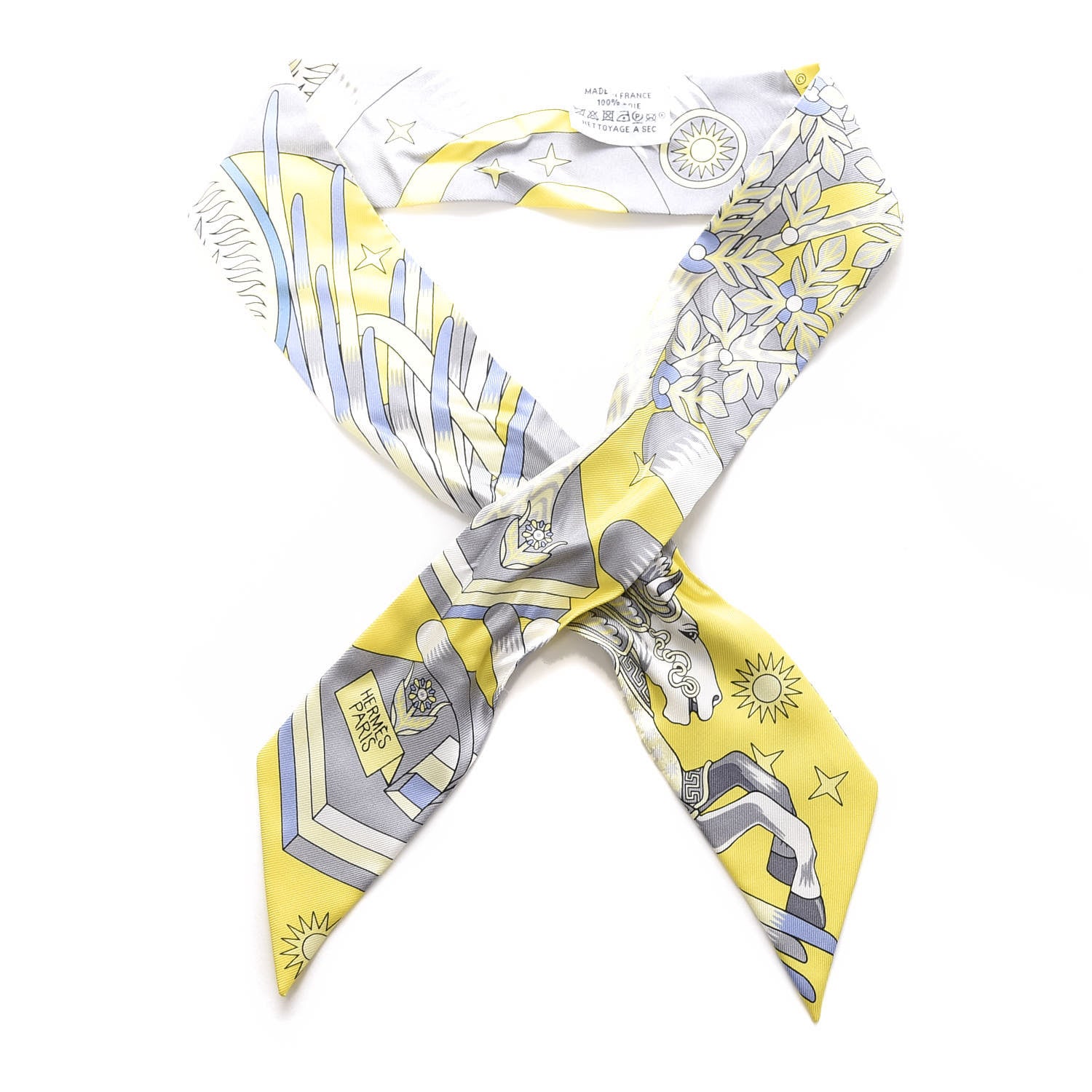 Hermes Silk La Source de Pegase Twilly Jaune Vif Gris Perle 1 of 4