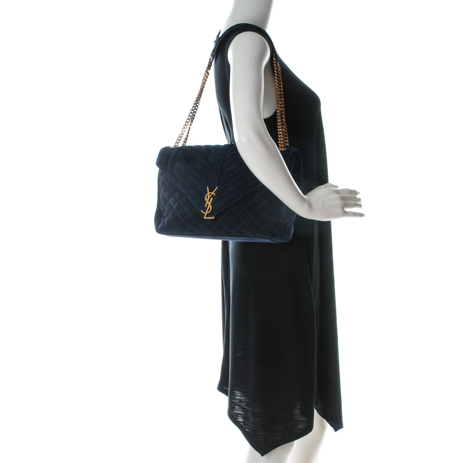Saint Laurent Suede Mixed Matelasse Triquilt Large Monogram Envelope Satchel Navy Blue 2 of 9
