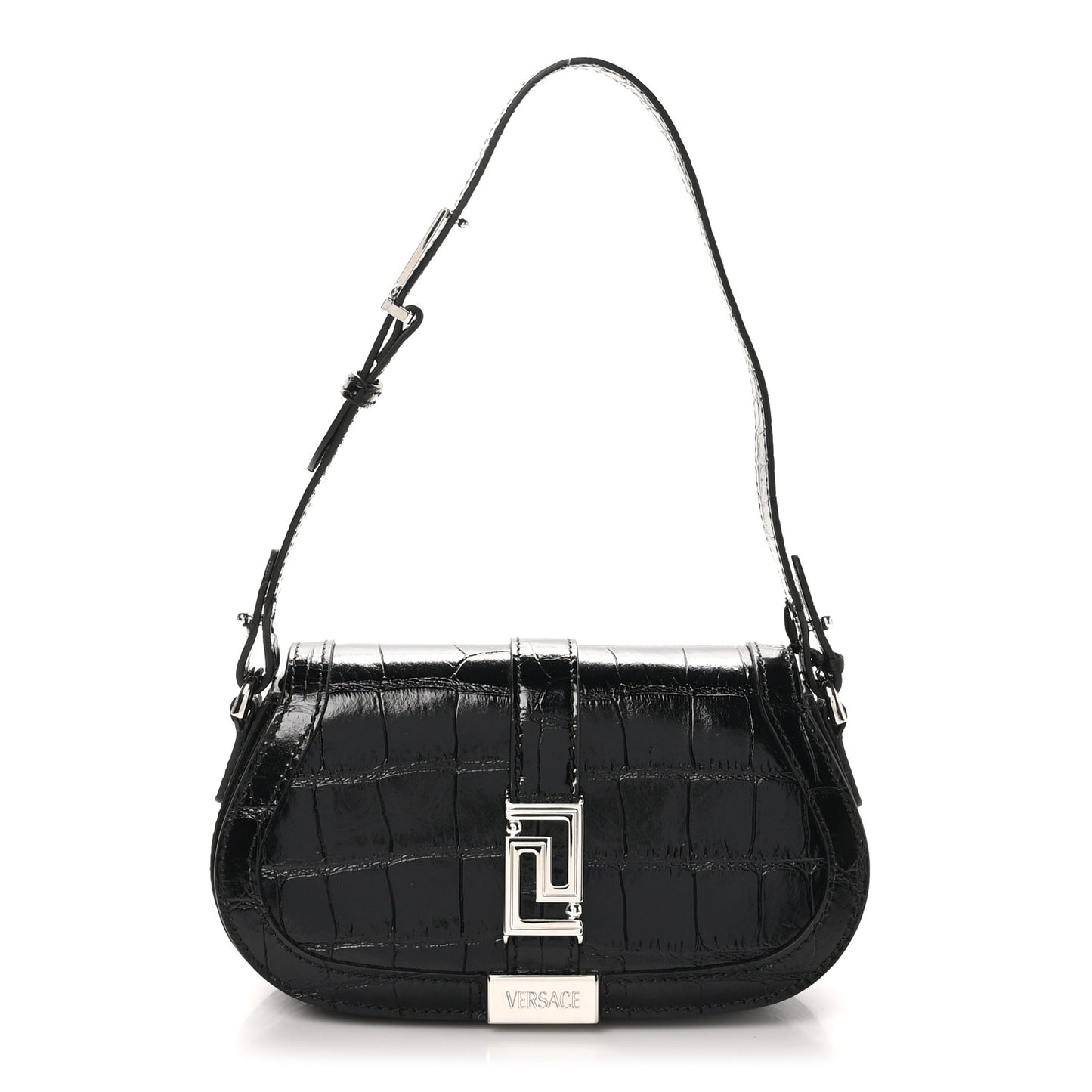 Calfskin Crocodile Embossed Greca Goddess Mini Shoulder Bag Black