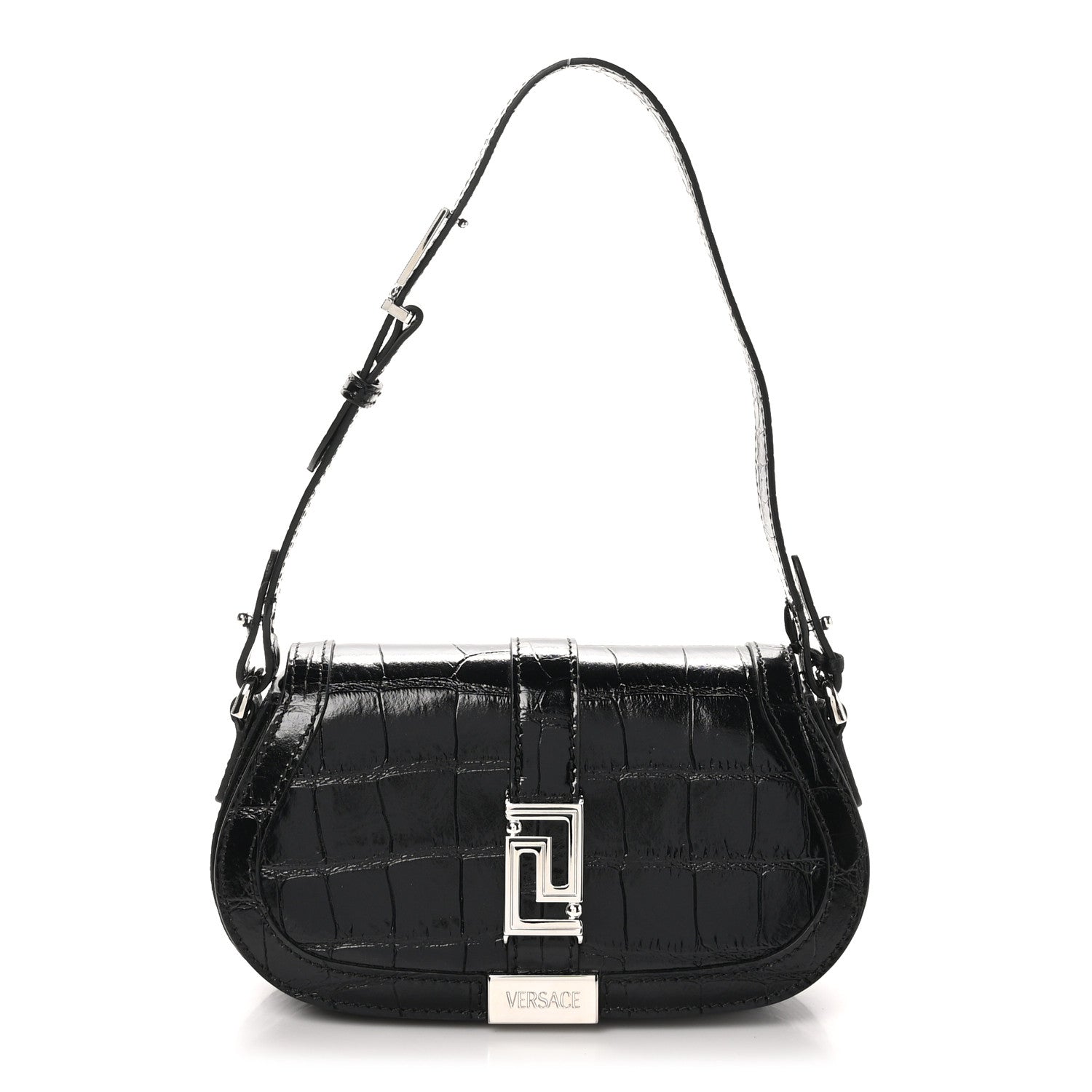 Versace Calfskin Crocodile Embossed Greca Goddess Mini Shoulder Bag Black 1 of 9
