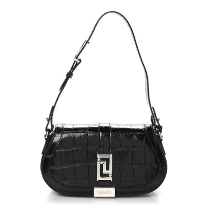 Versace Calfskin Crocodile Embossed Greca Goddess Mini Shoulder Bag Black 1 of 9