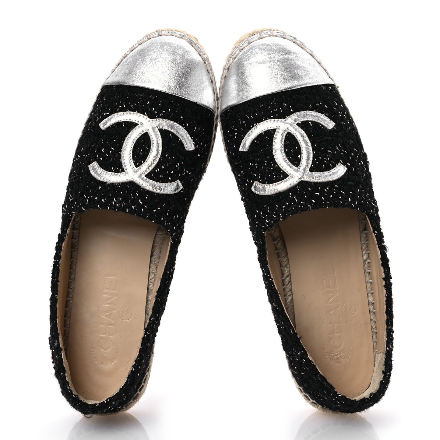 Metallic Lambskin Tweed CC Espadrilles 39 Black Silver