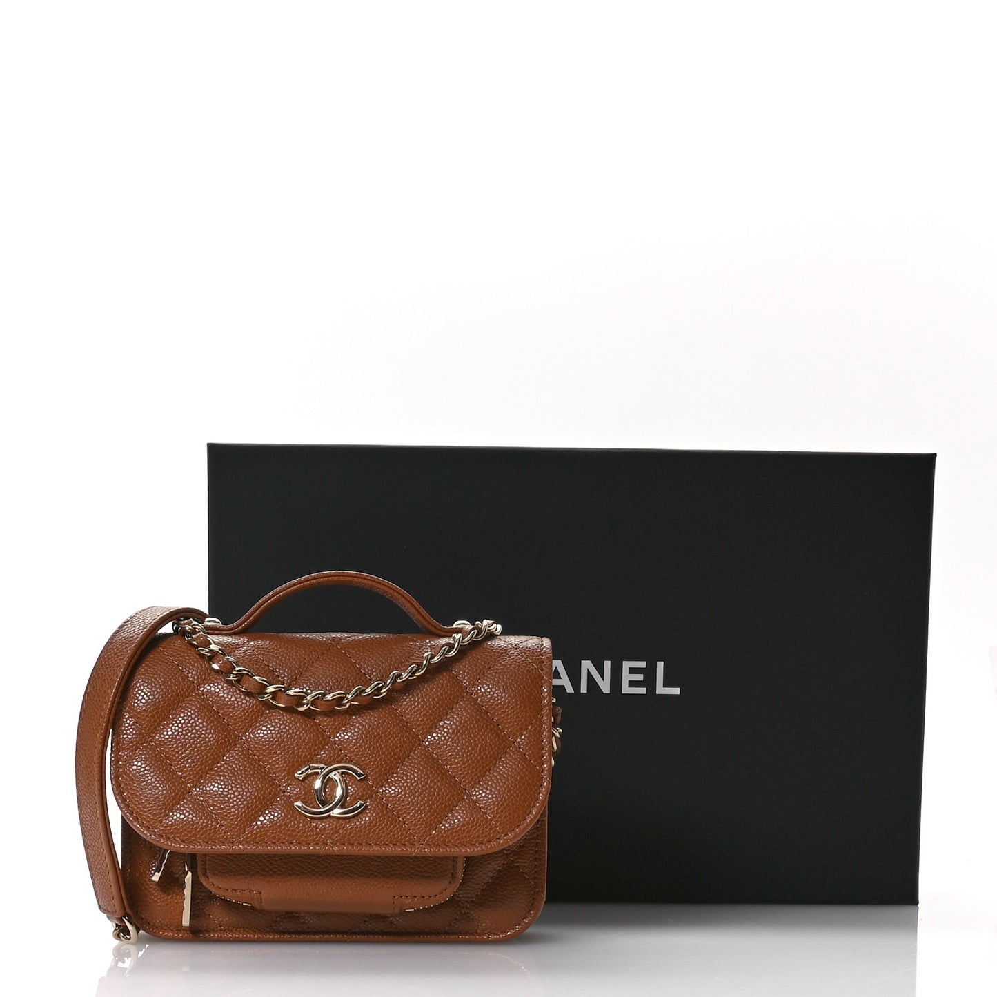 Caviar Quilted Business Affinity Clutch With Chain Flap Camel
