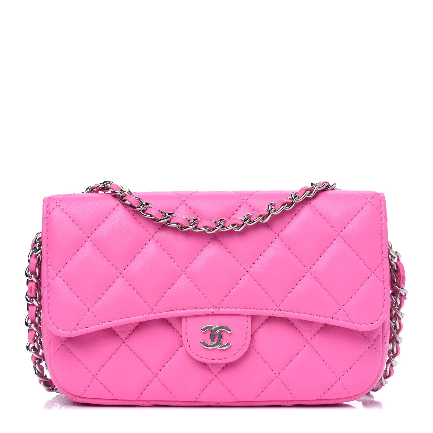 Chanel Lambskin Quilted Flap Phone Holder With Chain Neon Pink 1 of 5