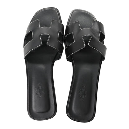 Hermes Box Calfskin Oran Sandals 39.5 Black 2 of 9