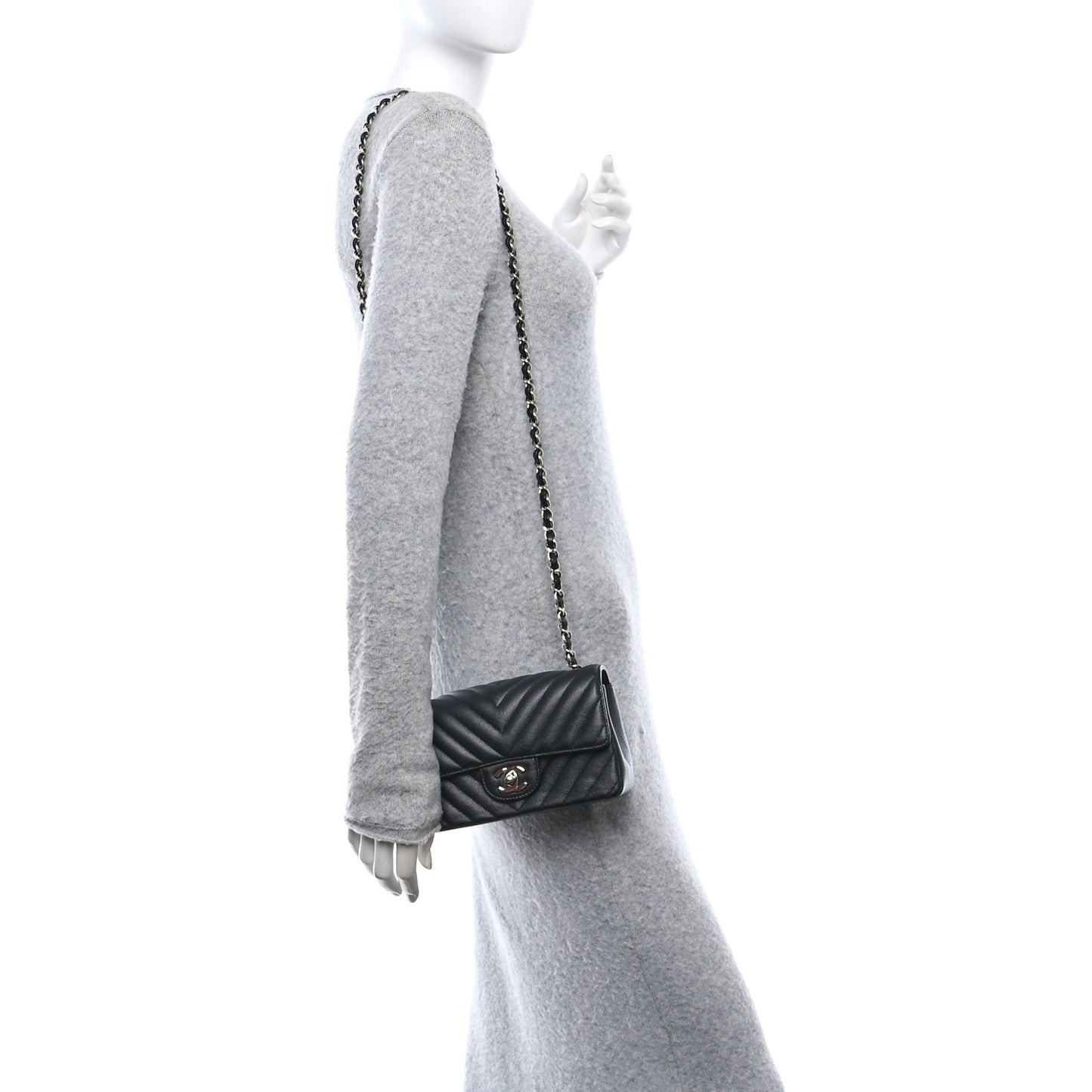 Caviar Chevron Quilted Mini Rectangular Flap Black