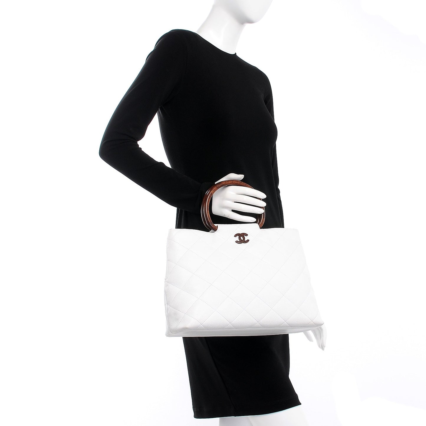 Caviar CC Wood Handle Tote White