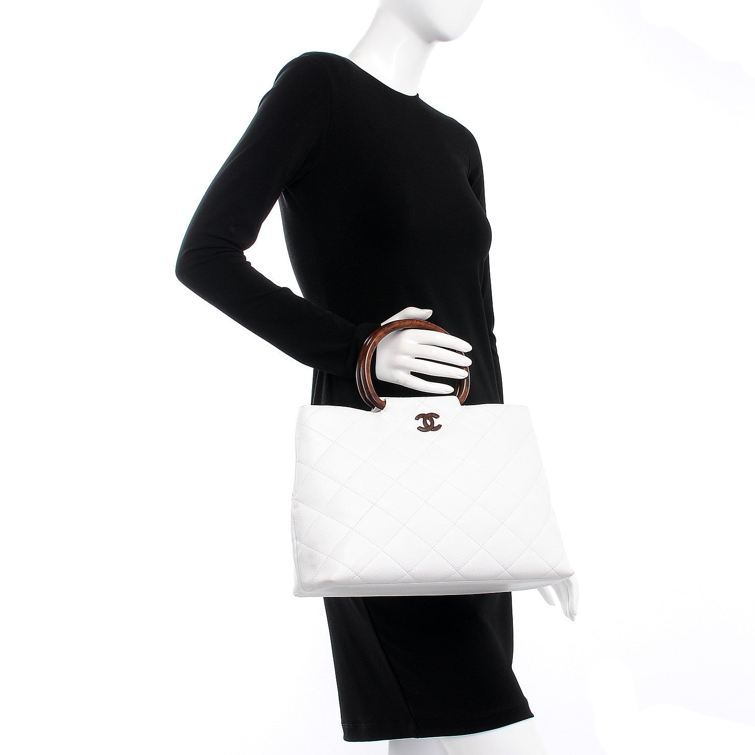 Chanel Caviar CC Wood Handle Tote White 2 of 15