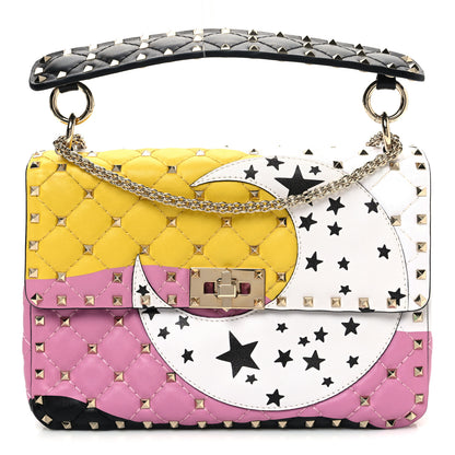 Valentino Garavani Lambskin Medium Moon And Stars Rockstud Spike Shoulder Bag White Yellow Pink 1 of 9