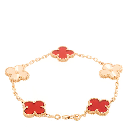 Van Cleef & Arpels 18K Rose Gold Carnelian 5 Motifs Guilloche Vintage Alhambra Bracelet 2 of 5