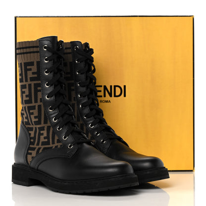 Fendi Calfskin Stretch Fabric FF Rockoko Biker Boots 41 Black Tobacco 13 of 13