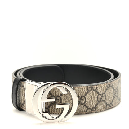 Gucci GG Supreme Monogram Selleria Calfskin Interlocking G Reversible 37mm Belt 90 36 Beige Ebony Black 1 of 5