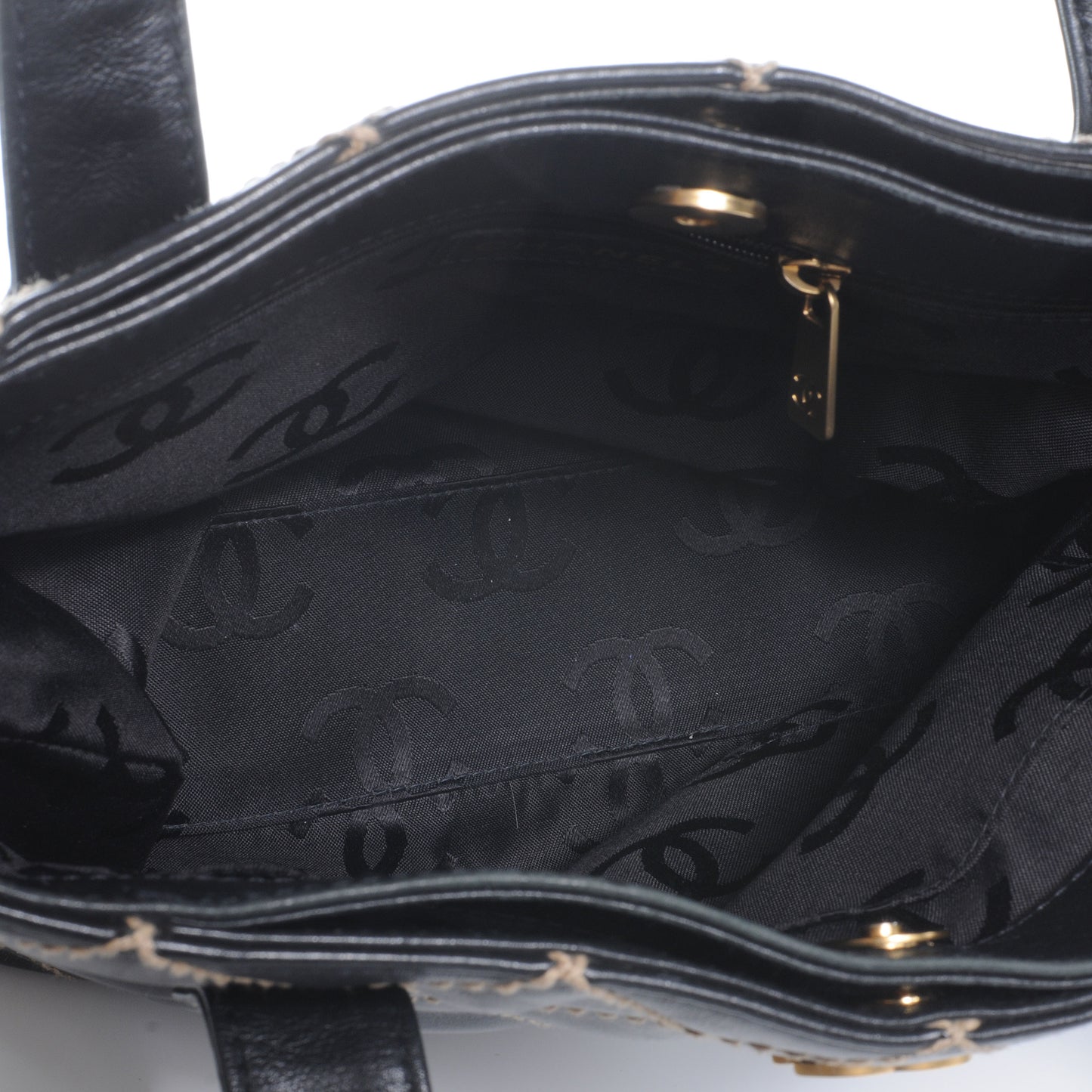 Calfskin Contrast Stitch Surpique Tote Black