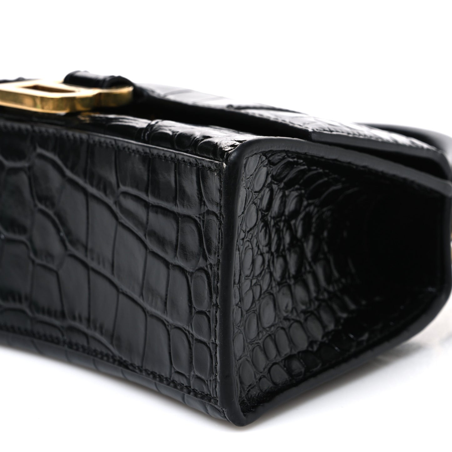 Shiny Calfskin Crocodile Embossed Hourglass Top Handle Bag XS Black