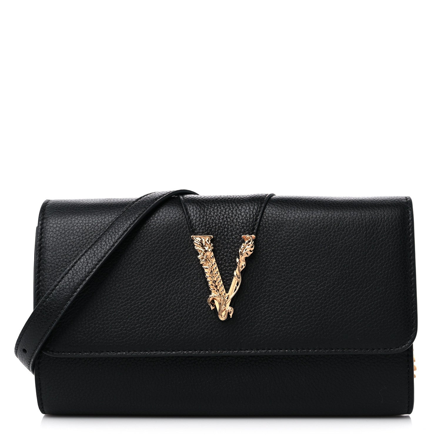 Versace Grained Calfskin Virtus Wallet On Chain Black 1 of 10