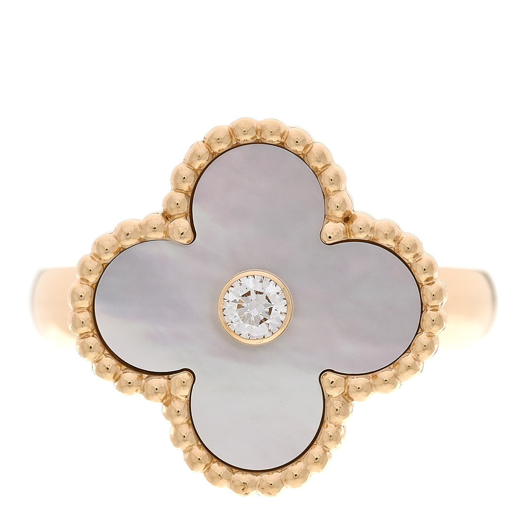 18K Yellow Gold Diamond Mother of Pearl Vintage Alhambra Ring 47 4.25