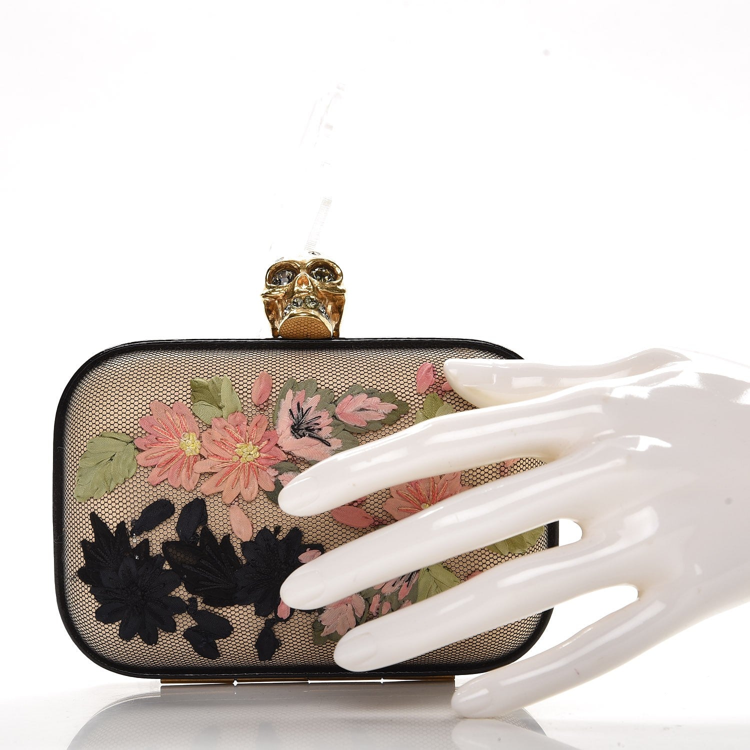 Alexander McQueen Calfskin Lace Embroidered Flower Skull Box Clutch 2 of 10