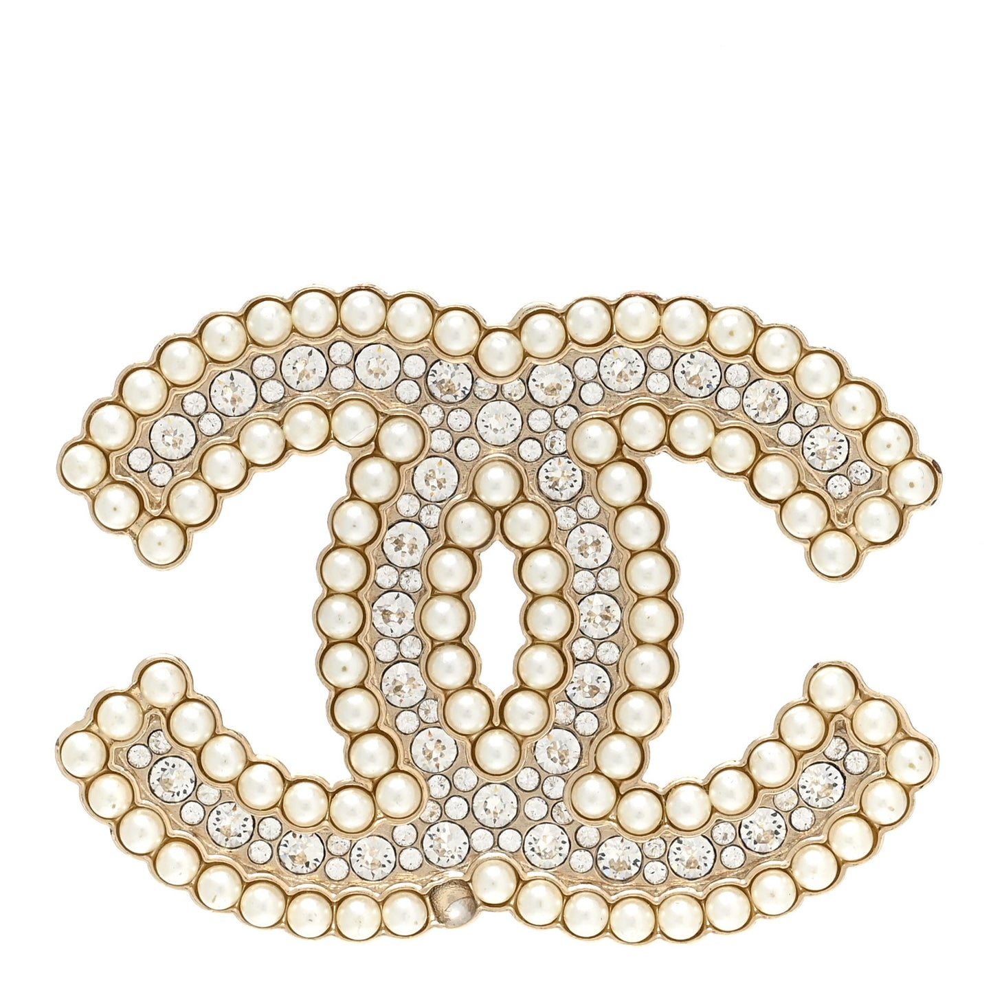 Crystal Pearl Multi Row CC Brooch Gold