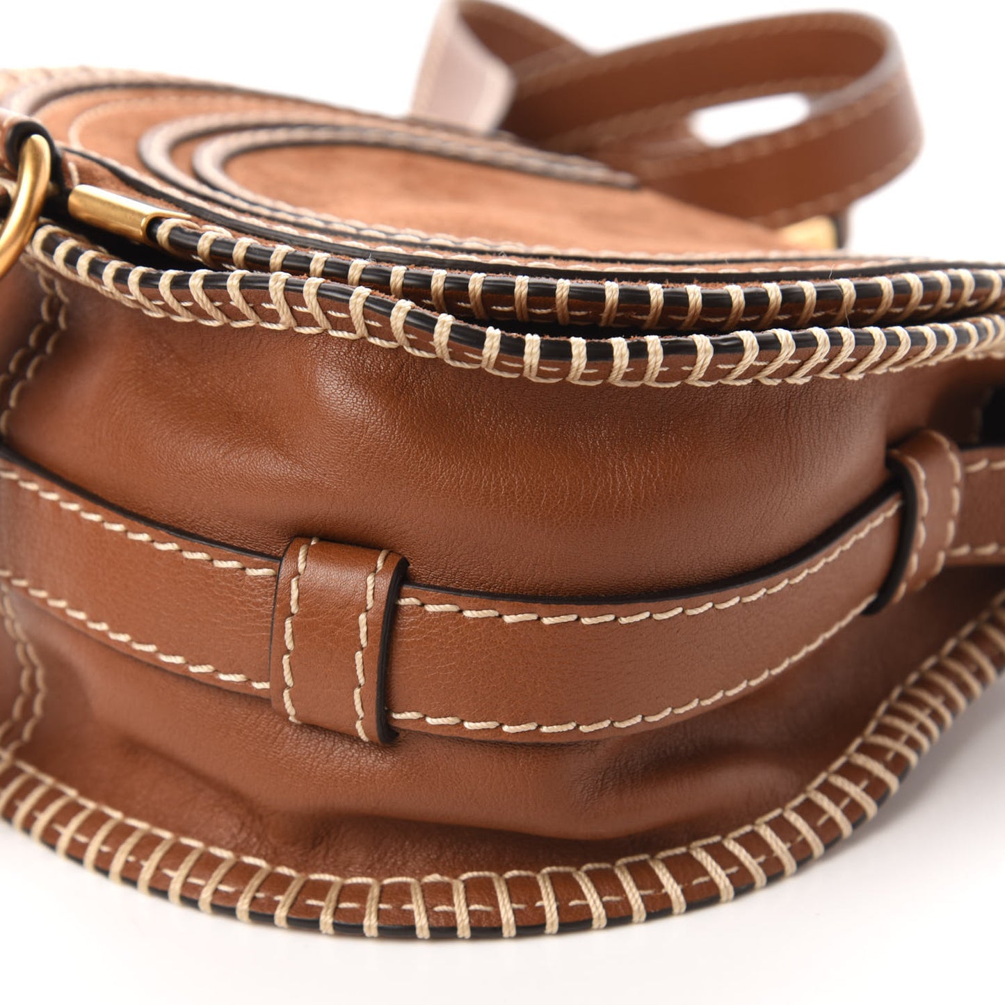 Suede Calfskin Stitched Small Marcie Round Crossbody Bag Tan