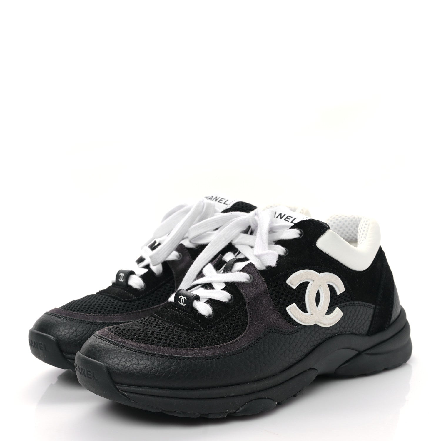 Chanel Mesh Suede Grained Calfskin Womens CC Sneakers 38.5 Black White 3 of 9