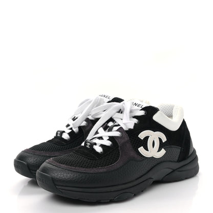 Chanel Mesh Suede Grained Calfskin Womens CC Sneakers 38.5 Black White 3 of 9