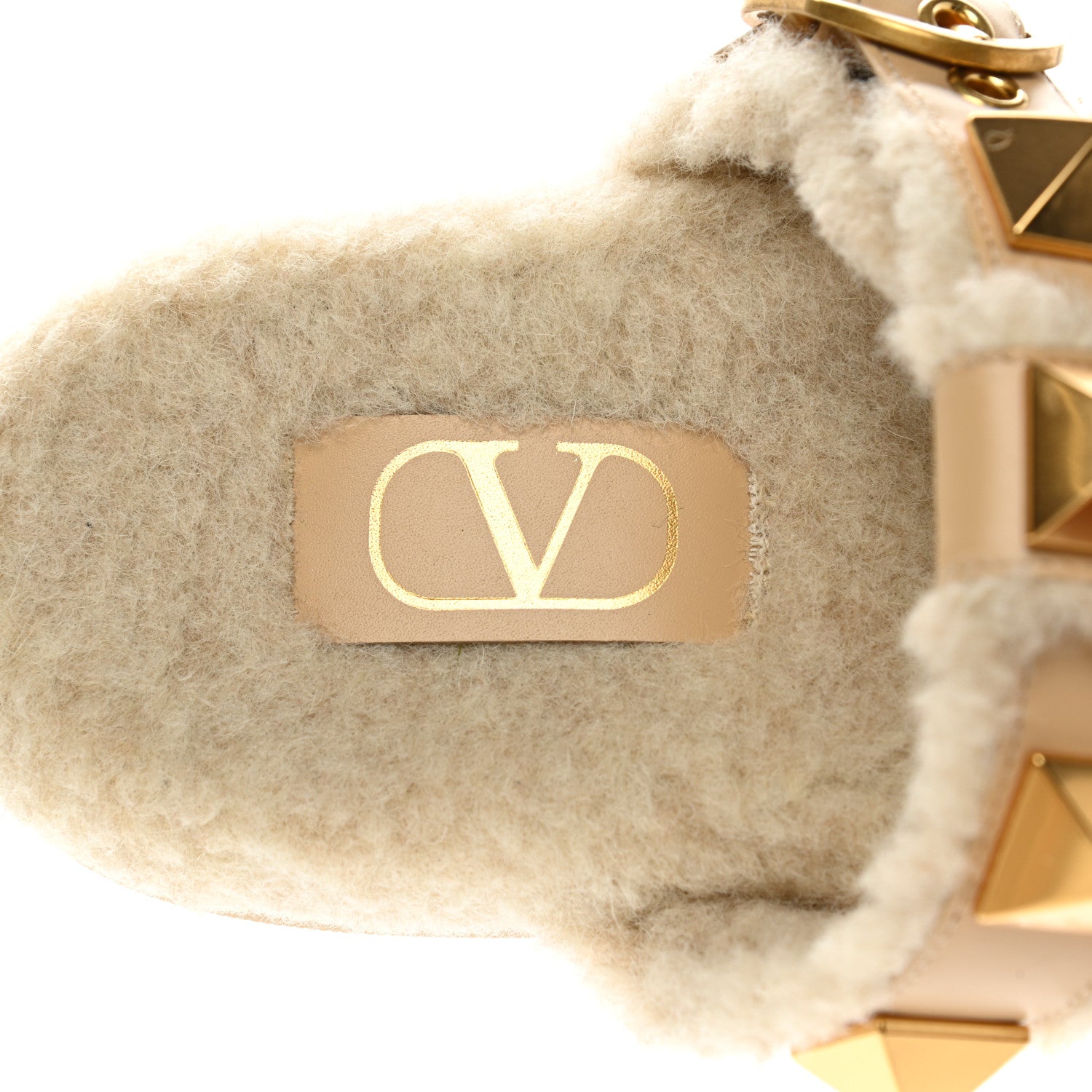 Valentino Garavani Shearling Roman Stud Slide Sandals 37 Sahara Beige 7 of 8