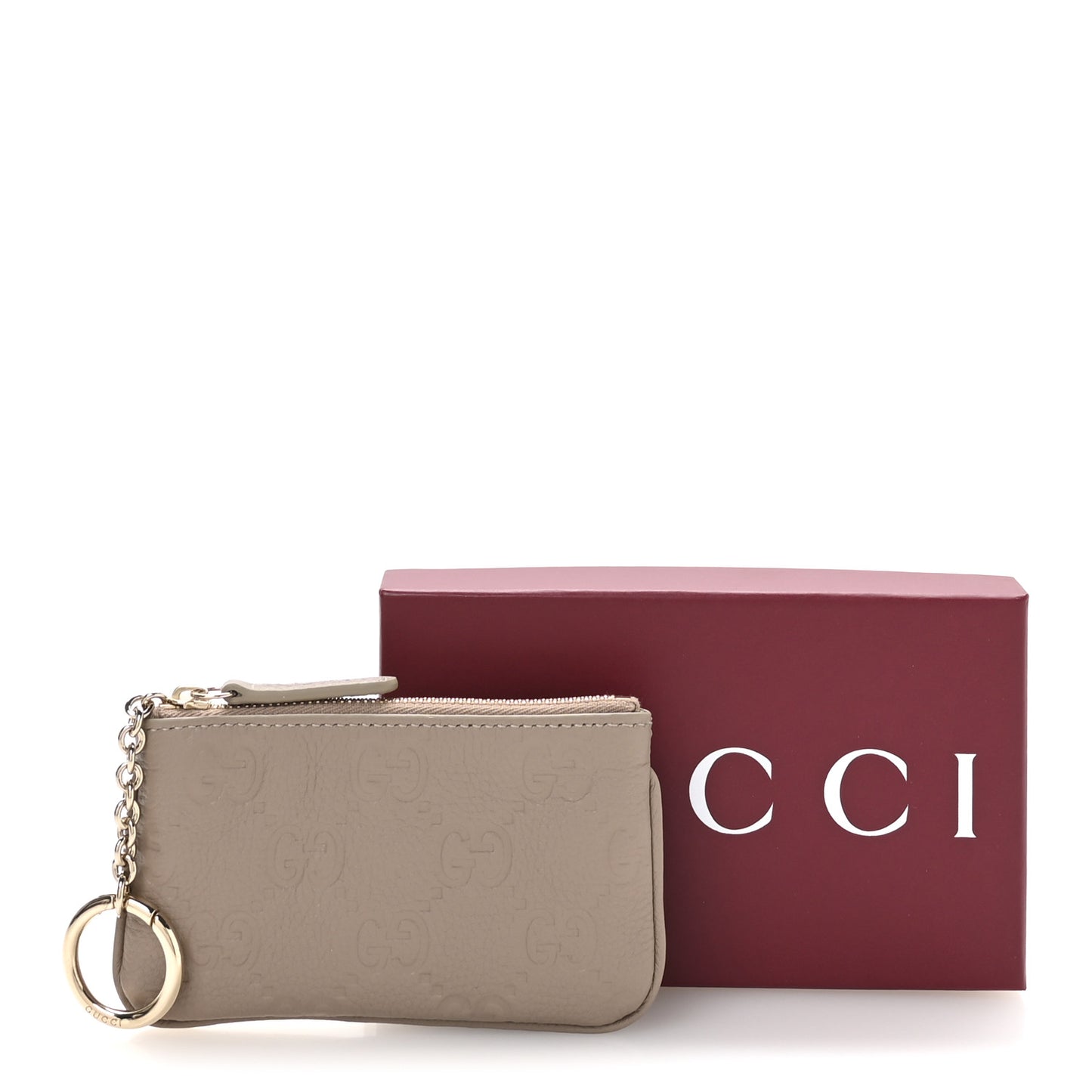 GG Grainy Calfskin Emblem Zip Key Case Taupe