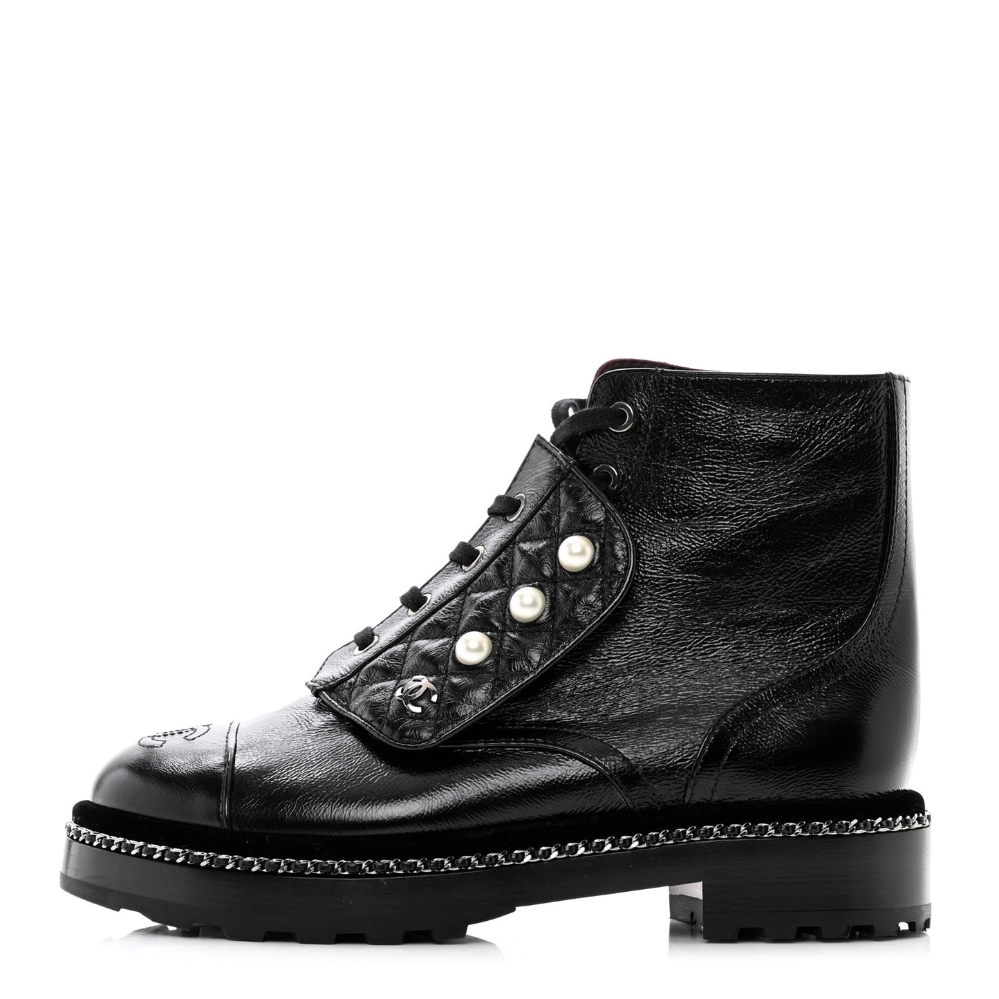 Crackled Calfskin Velvet Pearl Combat Short Boots 37.5 Black