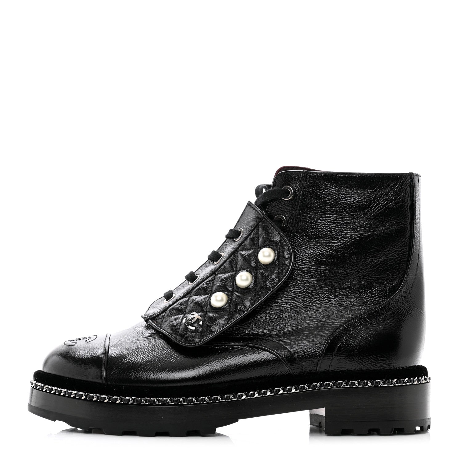Chanel Crackled Calfskin Velvet Pearl Combat Short Boots 37.5 Black 1 of 9