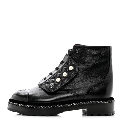 Chanel Crackled Calfskin Velvet Pearl Combat Short Boots 37.5 Black 1 of 9