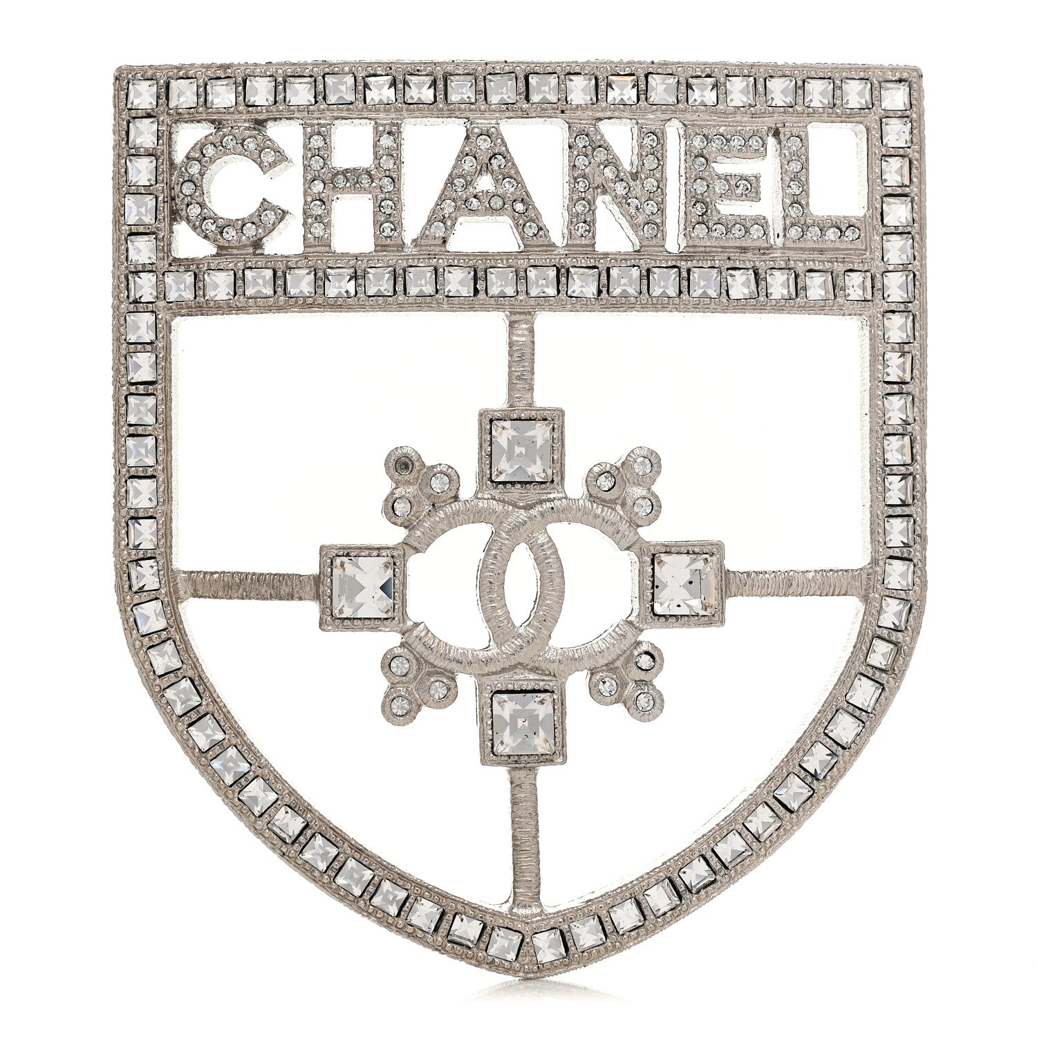 Chanel Swarovski Baguette Crystal CC Shield Brooch 1 of 4
