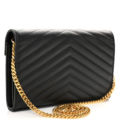 Saint Laurent Grain De Poudre Matelasse Chevron Monogram Chain Wallet Black 3 of 11