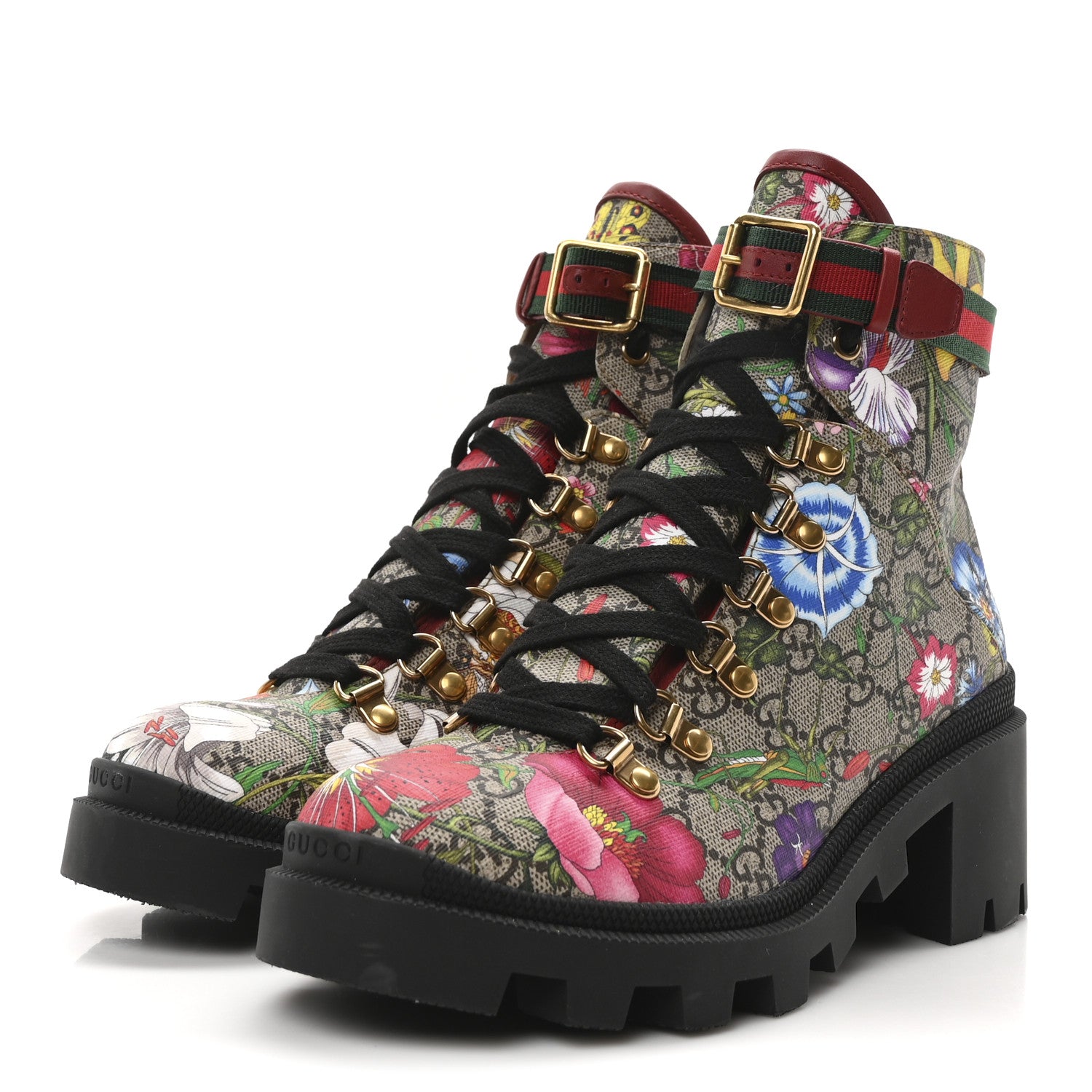 Gucci GG Supreme Monogram Flora Lace Up Combat Ankle Boots 37.5 Beige Multicolor Red 7 of 18