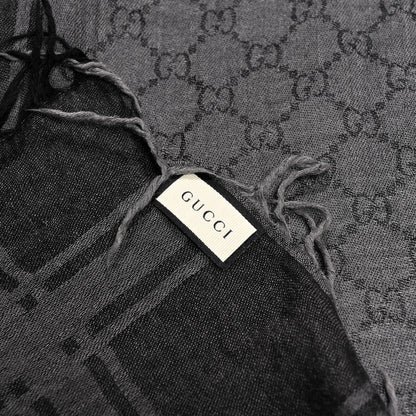 Gucci Wool Silk GG Monogram Diamante Plaid Surviee Shawl Graphite Black 2 of 4