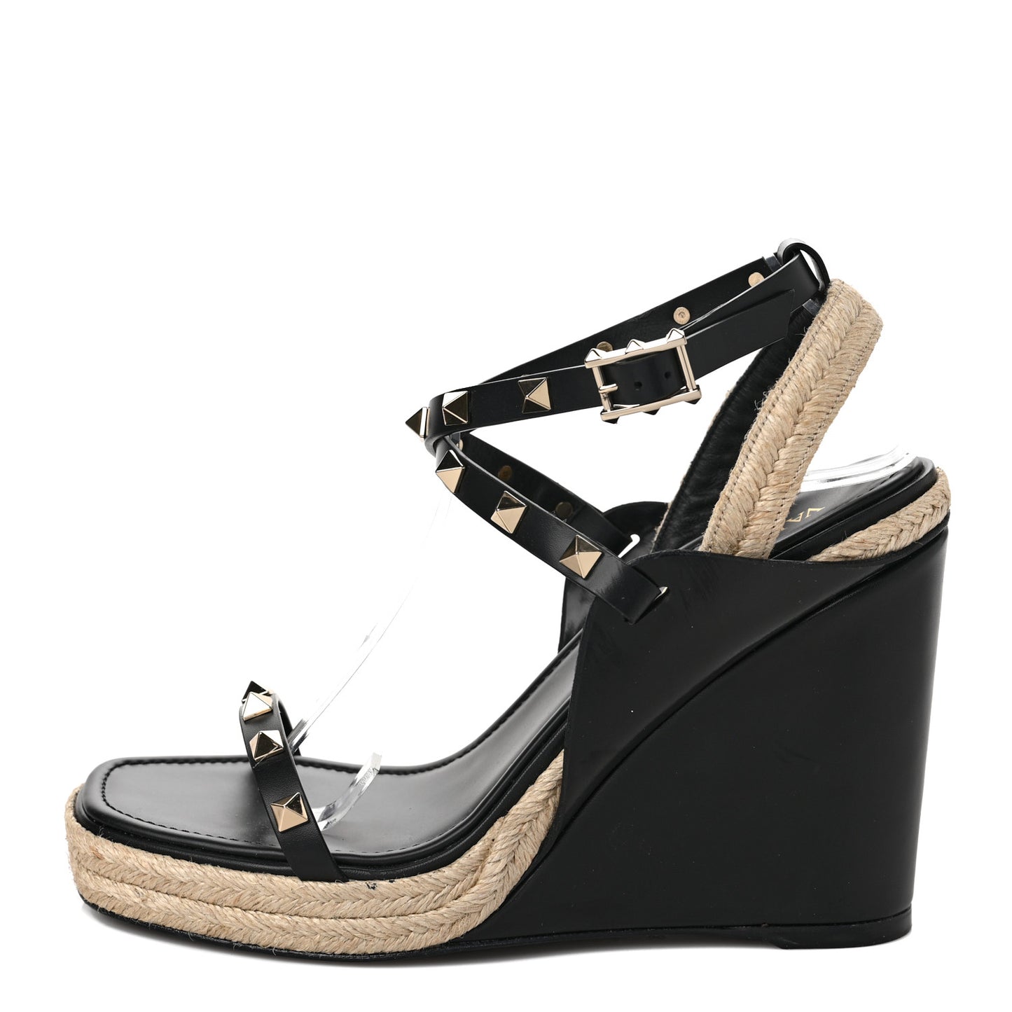Calfskin Rockstud Ankle Strap Espadrille 20/110mm Wedge Sandals 38 Black