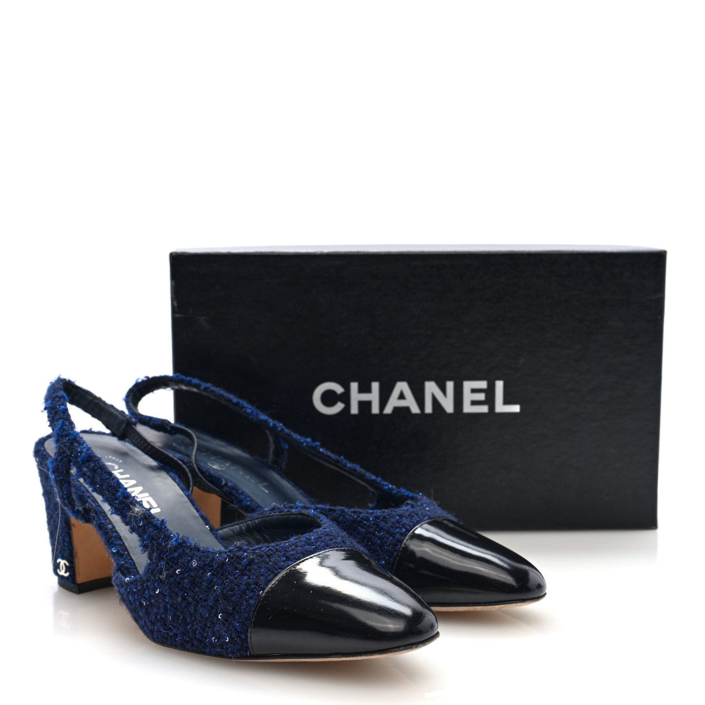 Tweed Patent Cap Toe CC Slingback Pumps 39.5 Blue Black