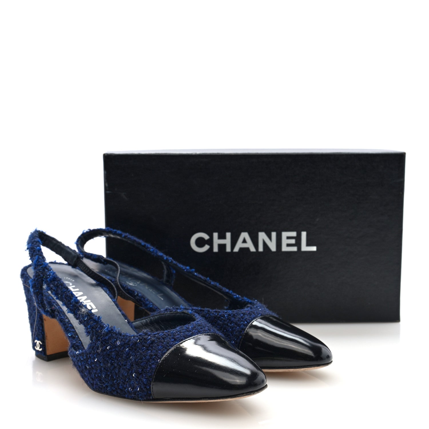 Chanel Tweed Patent Cap Toe CC Slingback Pumps 39.5 Blue Black 17 of 18