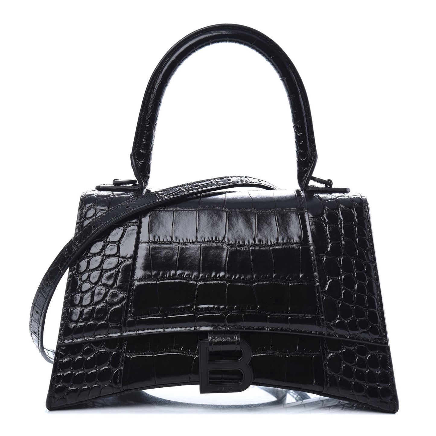 Shiny Calfskin Monochrome Crocodile Embossed Small Hourglass Top Handle Bag Black