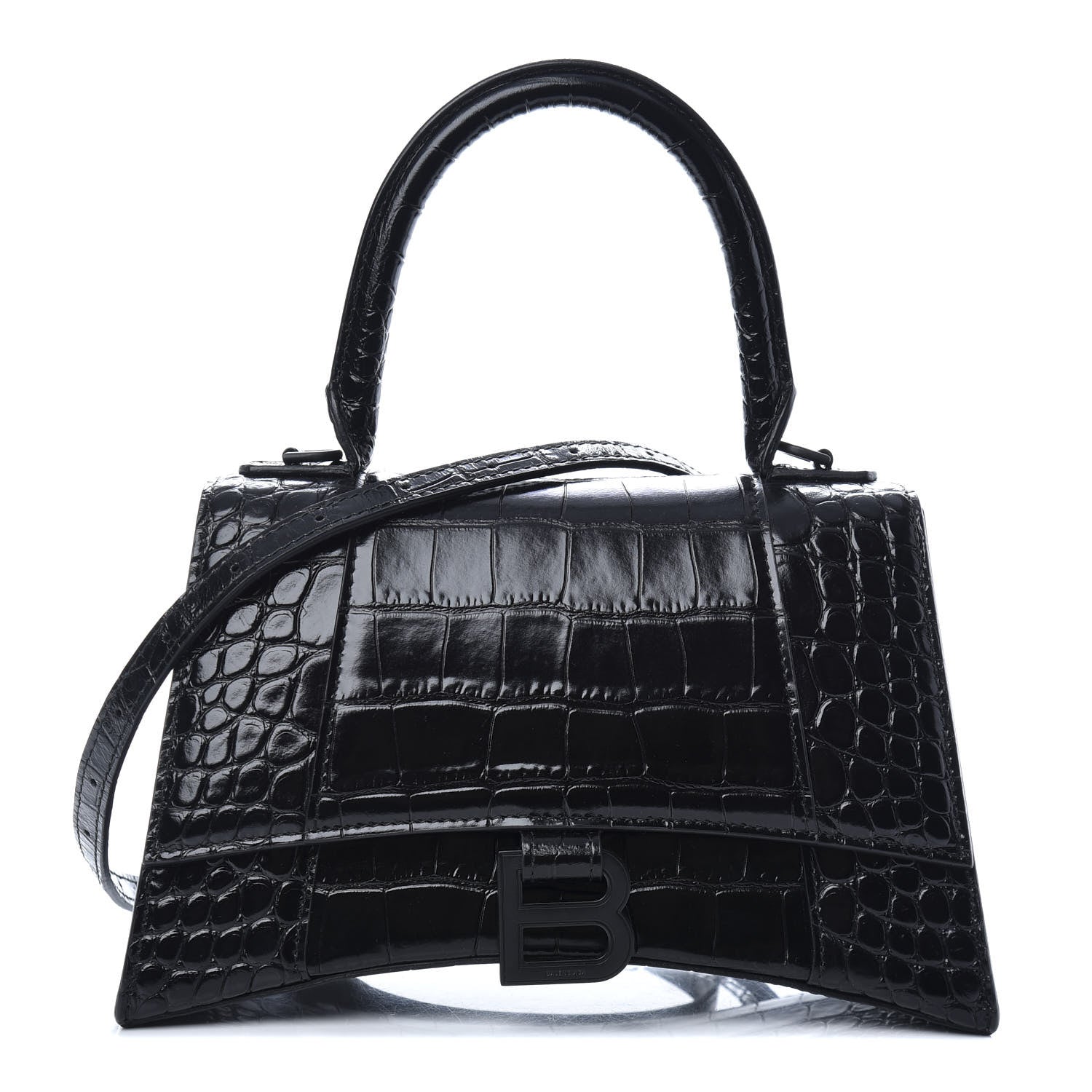 Balenciaga Shiny Calfskin Monochrome Crocodile Embossed Small Hourglass Top Handle Bag Black 1 of 9