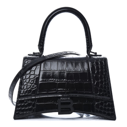 Balenciaga Shiny Calfskin Monochrome Crocodile Embossed Small Hourglass Top Handle Bag Black 1 of 9